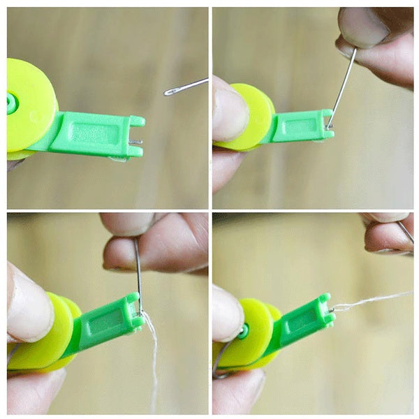 Needle threading device in multicolour with a needle and thread in use Needle threading device in multicolour with a needle and thread in use